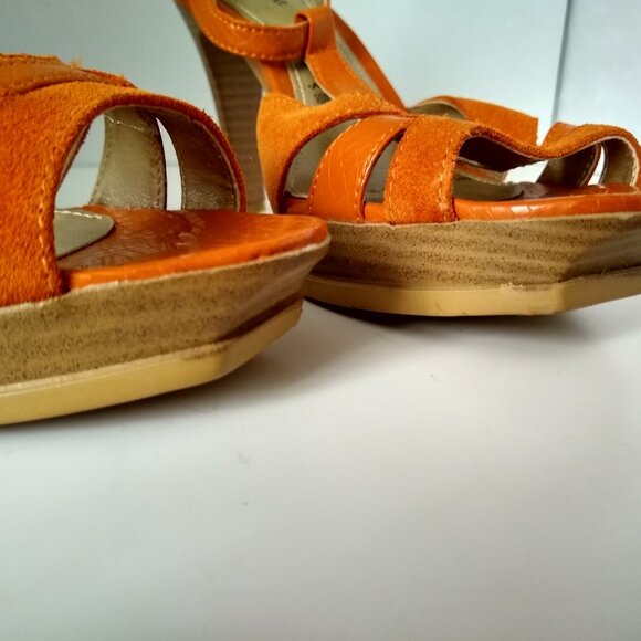 Andrea orange wooden platform toe strap peep toe heels - Picture 6 of 9